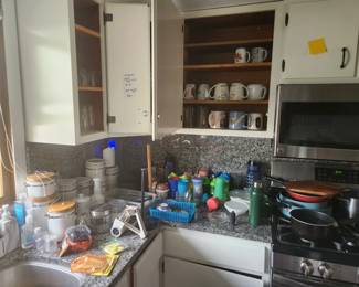 Canisters, mugs including Golden Girls Keep Calm and Eat Cheesecake, cups, toddler cups, pots and pans utensils