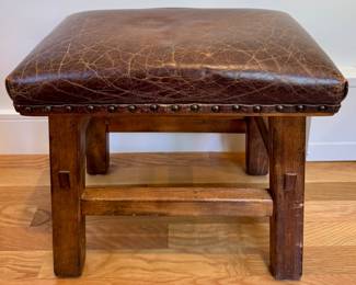 Leather Foot Stool with Nailhead Trim