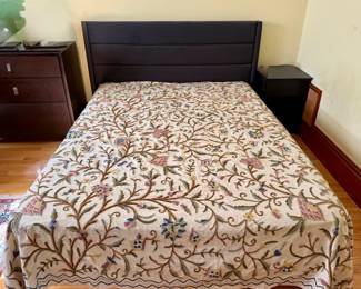 Upholstered Full Bed & Vintage Indian Kashmiri Crewel Work Bedspread