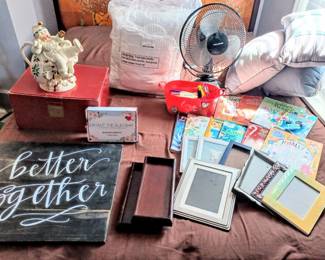 King Size Comforter, Brandon New, Collectible Christmas Cookie Jar, Fan, Picture Frames and Misc Items