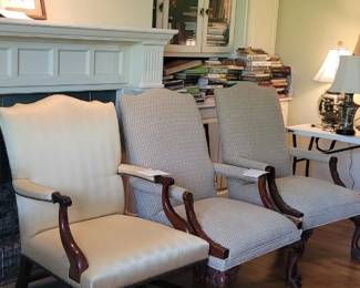 Baker mahogany arm chair with carved legs and arms, pair of upholstered Queen Ann chairs with ball and claw feet