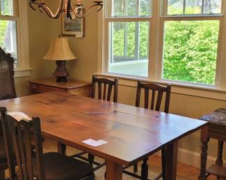 Pine farm table, 4 English pub chairs with leather seats, Victorian side chest with granite top