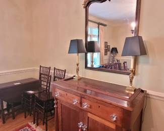 Antique brass console lamps, gate leg table, chivari chairs