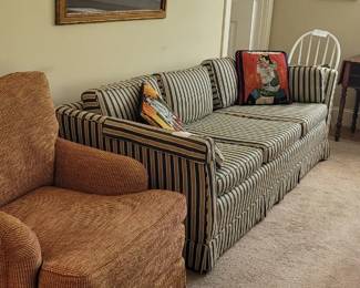 Taylor King upholstered club chair, green striped large sofa