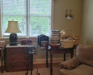 Victorian drop leaf table with hidden privacy drawer, oriental lamp, wine stand , English  pub table, speakers, baskets, decorative bowls and boxes, Victorian marble top chest with drop pulls, Taylor King large upholstered club chair