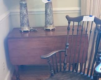 Antique Windsor rocking chair, pair of Asian lamps, antique drop leaf table