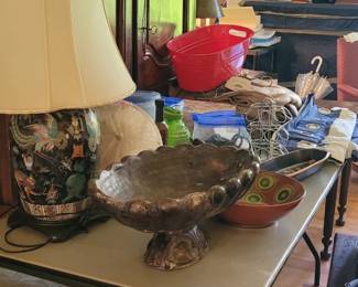 Oriental lamp, vintage scallop urn, decorative bowls, and electric blankets