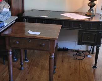 Walnut leather top  executive desk , antique walnut side table, brass desk lamp