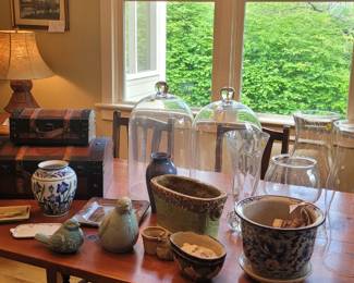 Pottery, Oversized cloches, hurricane glass , decorative boxes, vases etc