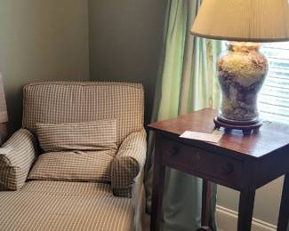 Lane cedar- lined blanket chest, chaise lounge, glass lamp, walnut bedside table