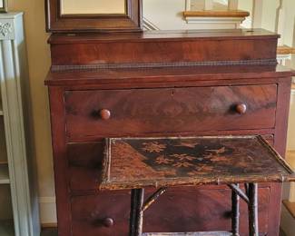 Walnut mirror, cherry chest, Asian sidetable