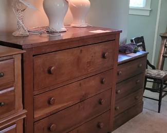 Antique Sheraton 4 drawer chest over 100 yrs old, pair of white porcelain lamps, other small chests