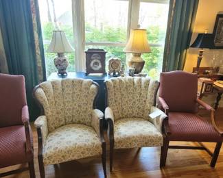Pair of Upholsterd Martha Washinton chairs,  Pair of vintage Queen Anne wing backed floral chairs, blue stained chest of drawers, Emperor moon lunar calendar clock,  antique books