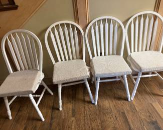 four wood Windsor chairs, with removable cushions