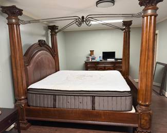 king four-poster, canopy frame; Stearns and Foster mattress set