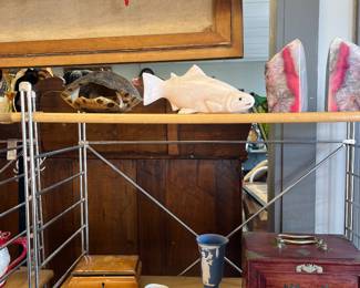 Mahjong set, stone fish, and awesome pair of agate bookends