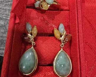 14k gold and jadsite earrings and ring