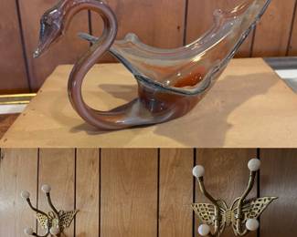 Vintage hand blown swan & metal butterfly hooks