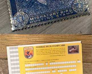Metal charm replica of 1st Duck Stamp & 1994 U.S. Federal Duck Stamp, Migratory Bird & original hunting record card