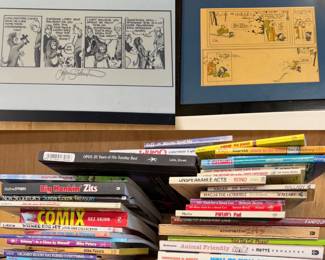 Comic paperback books, Calvin Hobbs print & signed Lynn Johnston print