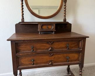 Wooden Vanity Dresser with Round Mirror and Writing Desk