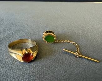 14K Gold Ring with Orange Stone  14K Gold Tie Tack