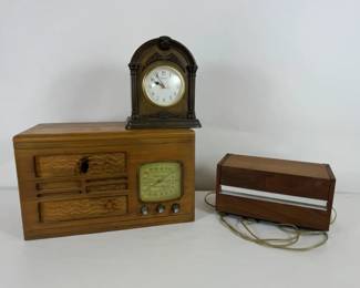 Wood Tube Radio Console Project w Bulova Mantel Clock  Western Electric Phone