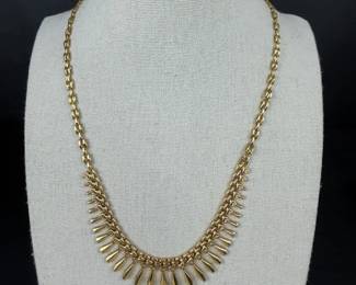 14K Gold Fringe Bib Necklace, graduated dangle design 14.28g