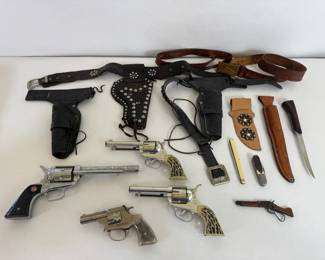 Toy Cap Gun  Western Holster Lot w Mattel Fanner Stallion 45, Trooper, Belts Knives