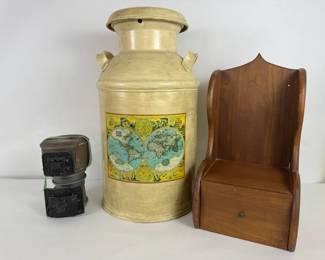 Decorative Milk Can w World Map Decoupage, Holland Mini Cast Iron Stove, Wood Cabinet