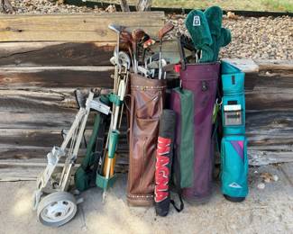 Assorted Golf Clubs with Bags and Folding Push Cart