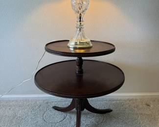 TwoTier Round Side Table with Trio of Crystal Table Lamps