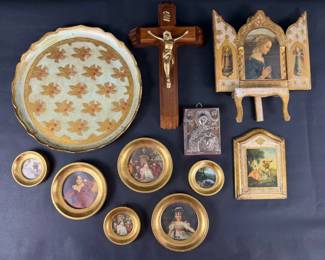 Vintage Religious Art Lot Framed Prints Crucifix Icon Plate Wall Decor