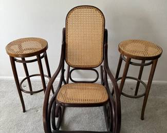 Bentwood Cane Rocking Chair with Matching Wicker Stools