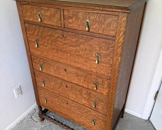 Tiger Oak Chest of Drawers with Brass Pulls and Turned Stretcher Base