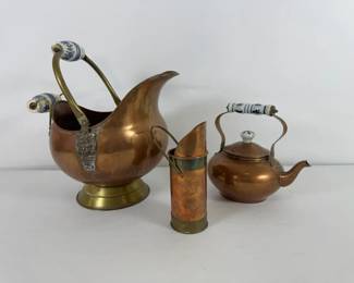 Copper Fireplace Coal Scuttle, Copper Teapot  Coal Hod Bucket w Ceramic Handles
