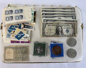 Vintage Stamp Collection Lot US Postage Blocks 2 Dollar Bills Tokens 1 Rupee Note