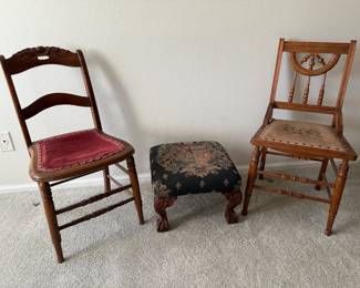 Ornate Wooden Chairs with Upholstered Seats and Decorative Footstool