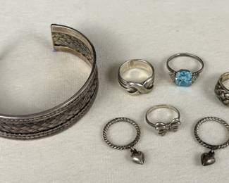 Sterling Silver Rings  Cuff Bracelet Blue Stone Heart Charm Jewelry Set