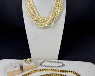 Multi Strand Faux Pearl Necklace Gold Tone Chain CZ Ring Bracelet Jewelry Set