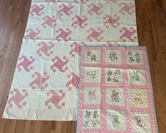 Pair of Vintage Handmade Quilts  Pink Patchwork Quilt  Embroidered Baby Quilt