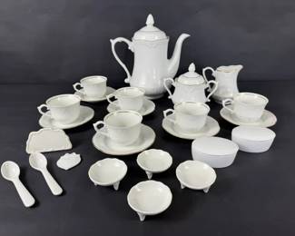 Wloclawek Poland White Porcelain Tea Set Gold Trim Cups Teapot Sugar