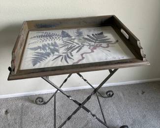 Folding Tray Table with Botanical Glass Insert and Metal Base