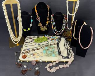Large Vintage Necklace Lot Faux Pearls, Beaded Stone Glass, Multi Strand Statement pieces