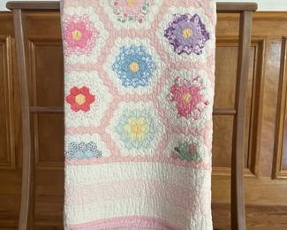 04 Vintage Hand Stitched Grandmothers Flower Garden Quilt Pink Back
