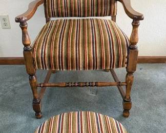 Retro Upholstered Armchair with Footstool, Mustard Knit Throw  Pillow