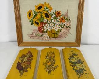 1973 Floral Wall Art Set Framed Needlepoint Sunflowers  3 Yellow Wood Plaques