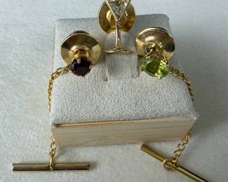 Gold Tone Cufflinks  Tie Tack Set Garnet Green Stone Martini Design