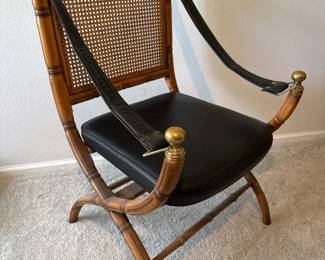 MidCentury Modern Cane Back Chair with Leather Seat and Brass Accents