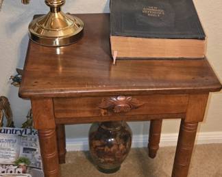 Side Table with Drawer - Brass Lamp - Bible